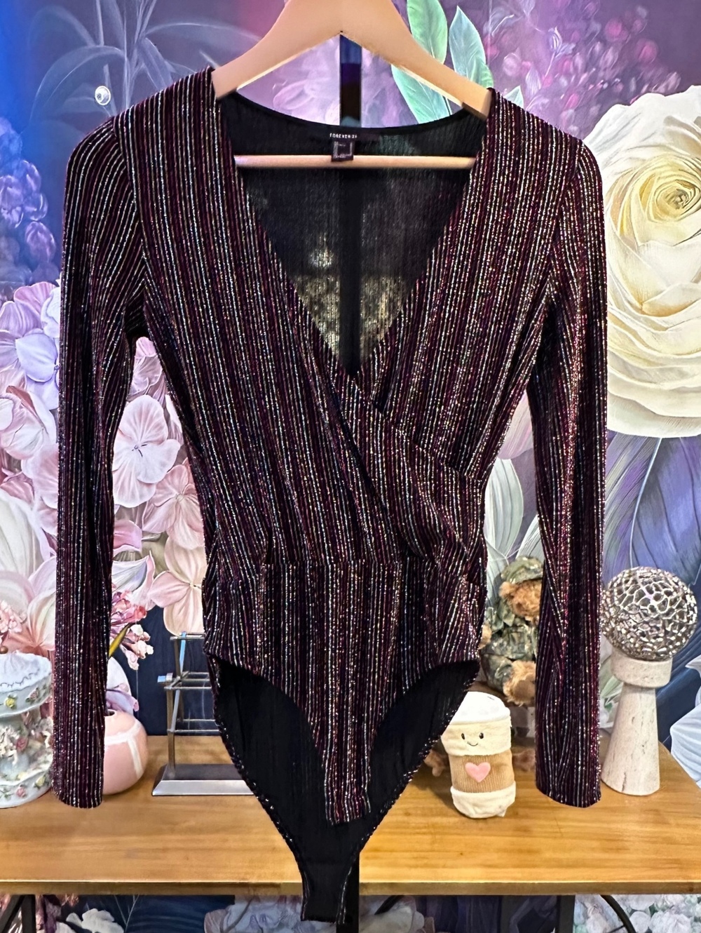 Forever 21 S Bodysuit Metallic Stripe V-Neck Long Sleeve Stretch Blend